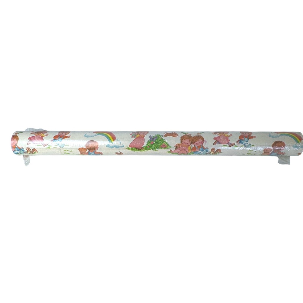 Vintage 80s Gift Wrap Paper Roll Children Rainbow Bunnies Squirrels 24 Inch